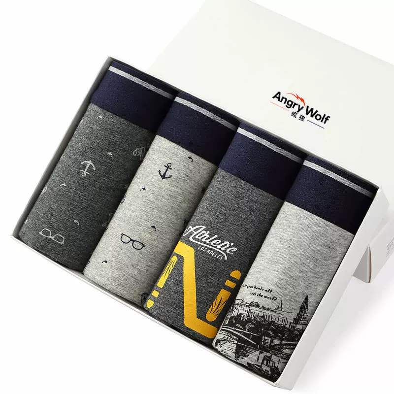 男士纯棉内裤盒装印花平角裤潮流无痕透气品牌男士内裤批发