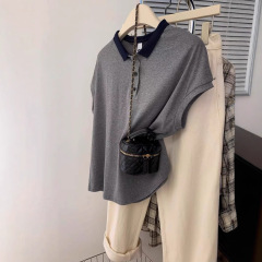 特大サイズ300斤の肩の灰色のpolo襟の半袖tシャツの純綿の女性2025の新型の小さいシャツはやせている上着の夏を現します。