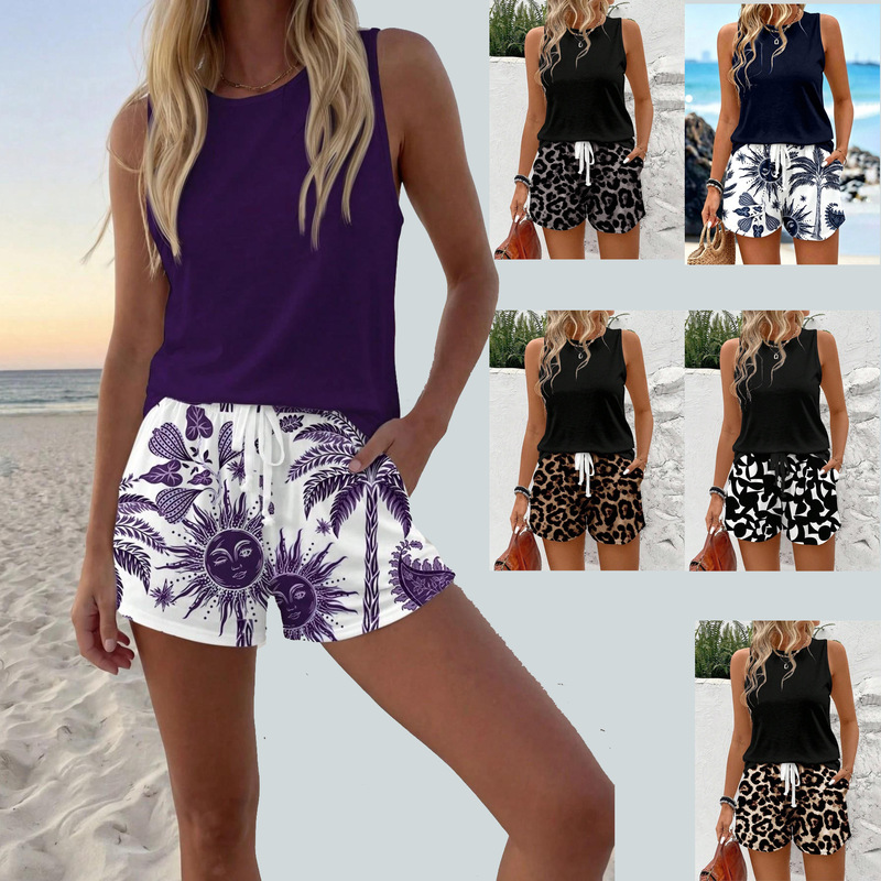 European and American Casual Foreign Trade Women's Fashion Vest + Leopard Print Shorts Matching Set, Home Wear, Can Be Worn Outside, Two-Piece Set European and American Casual Foreign Trade Women's Fashion Vest + Leopard Print Shorts Matching Set, Home Wear, Can Be Worn Outside, Two-Piece Set