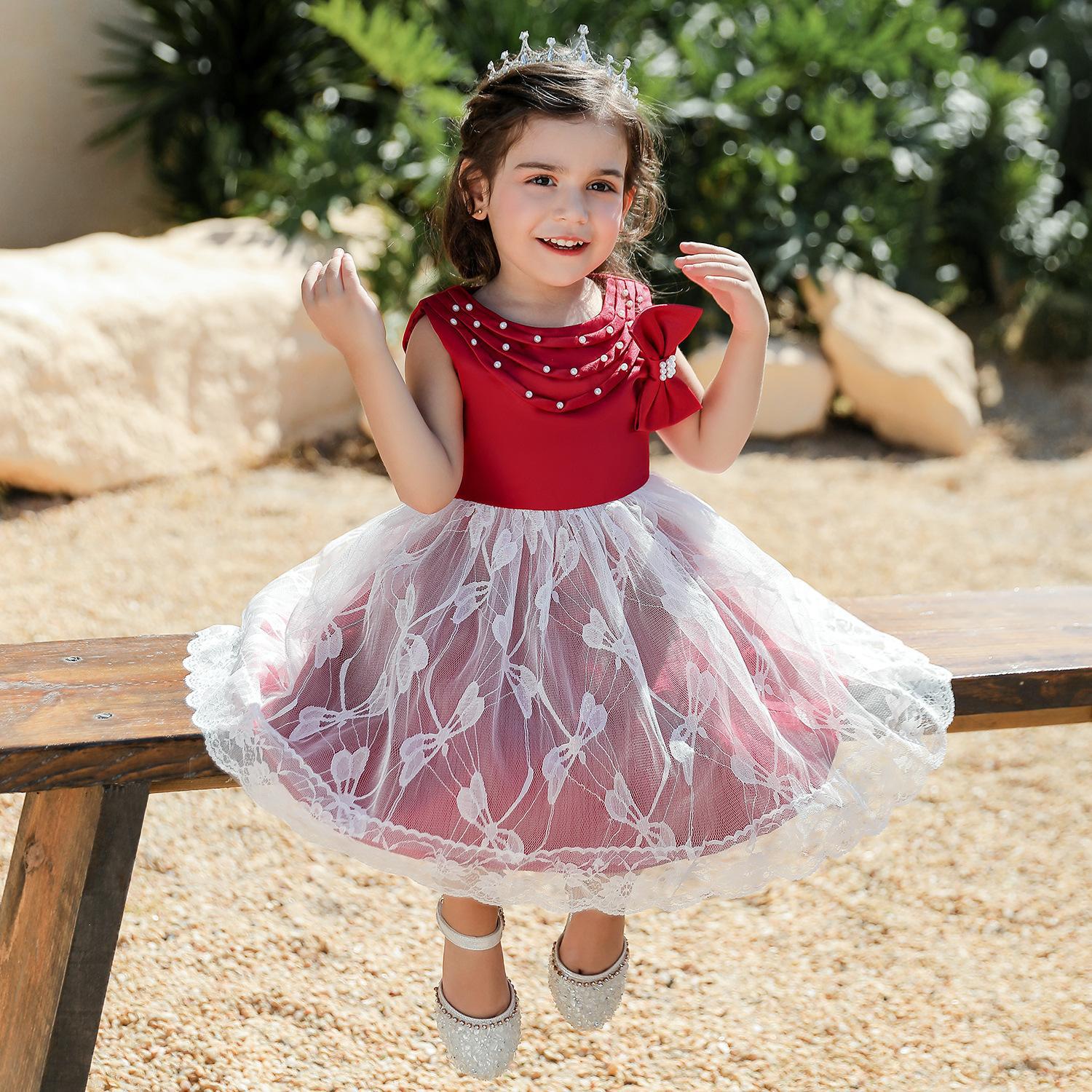 Nuevas niñas vestido europeo y americano encaje arco niñas falda niños vestido princesa vestido de una sola pieza entrega