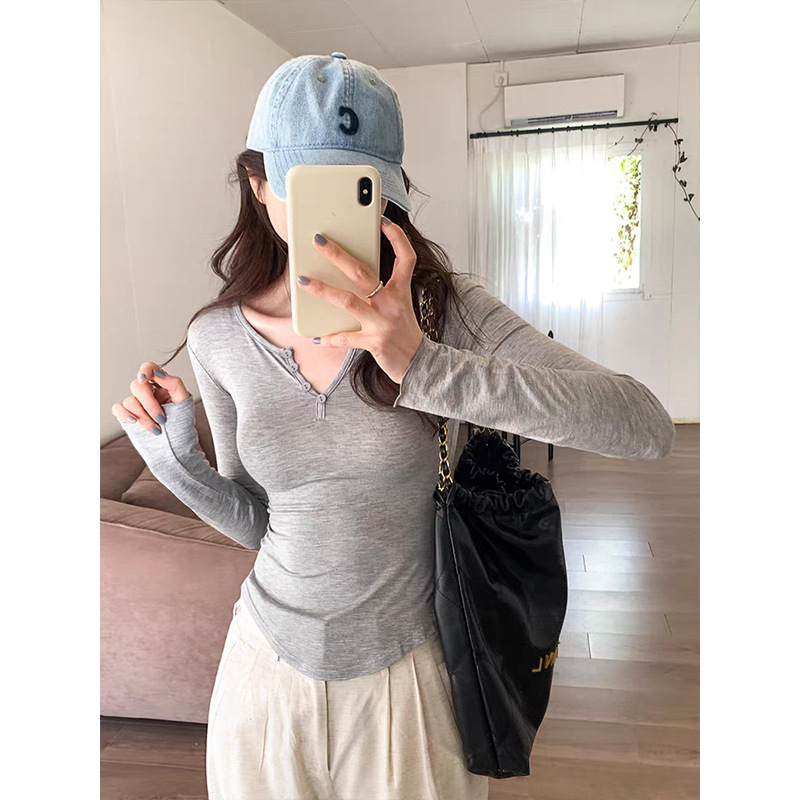 2025春秋季新款正肩纯欲超显身材辣妹性感修身长袖v领t恤女装上衣