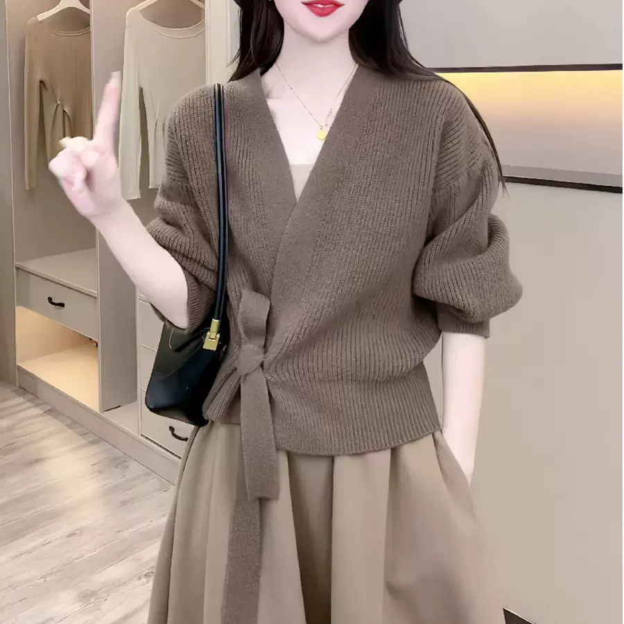 法式高级感针织衫开衫女式秋装2022新款绑带 V领甜美短款长袖上衣
