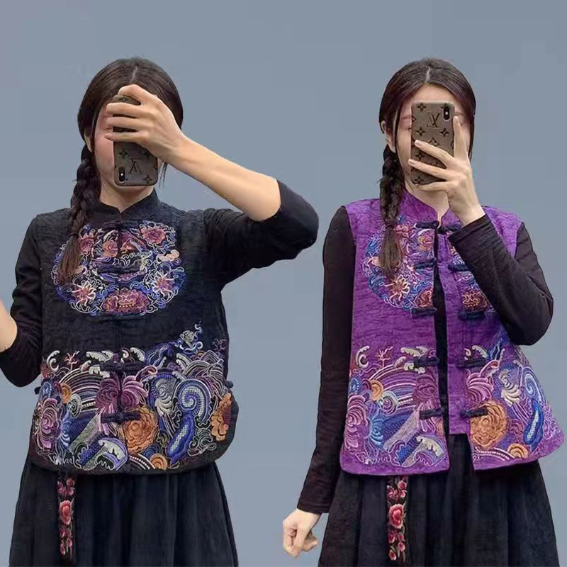 New Chinoiserie National Style Vest for Women Spring and Summer Stand-Up Collar Plate Buckle Retro Waistcoat Embroider Elegant Slimming Look Versatile Vest