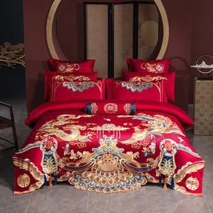 Chinese Dragon and Phoenix Embroider Big Red Wedding Four-Piece Set Long-Staple Cotton Pure Cotton Four-Piece Set Newlywed Dowry Quilt Cover