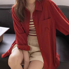 纯色Polo领长袖衬衫女2025新款春夏季宽松显廋外搭防晒上衣设计感