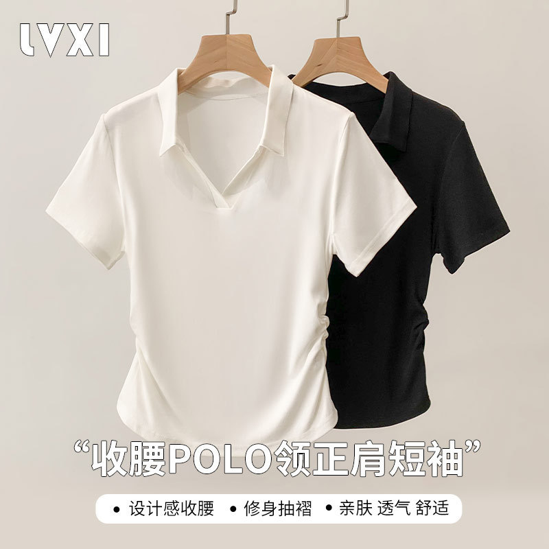 Polo Shirt with a Turn-Down Collar, Solid Color, Simple Design, Pleated Waist, Slimming Effect, Youthful Style, Short-Sleeve Top for Women, Summer