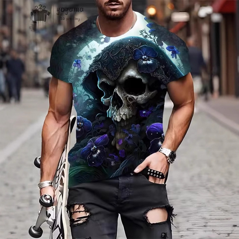 Men's Summer Street Fashion Right-Shoulder Round-Neck Short-Sleeve T-Shirt with European and American Cross-Border Horror Hellfire Skull 3D Print