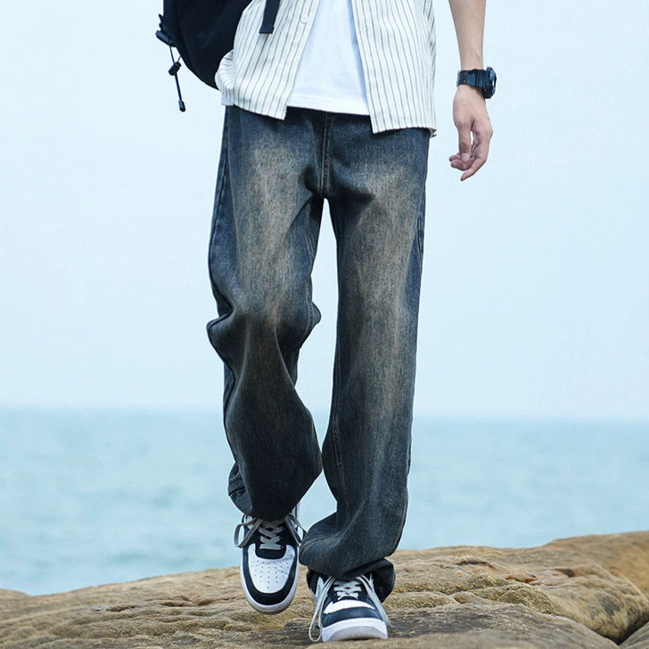 Washed Vintage Blue Jeans for Men, Spring and Autumn Trendy American-Style Loose Gradient Casual Long Pants, Trendy Straight Wide-Leg Pants Washed Vintage Blue Jeans for Men, Spring and Autumn Trendy American-Style Loose Gradient Casual Long Pants, Trendy Straight Wide-Leg Pants