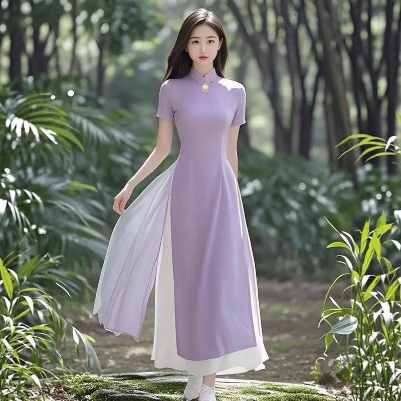 New Chinese-Style Light Luxury Fresh Elegant Purple Modified Cheongsam Dress Young Long Flowing Exam Dress Artistic Retro