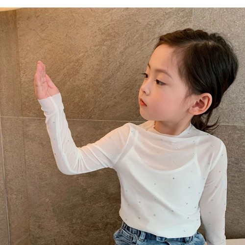 Ladies' Summer Lace Top Long Sleeve Mesh-like Korean T-shirt Children Transparent Embroidered Diamond Base Shirt