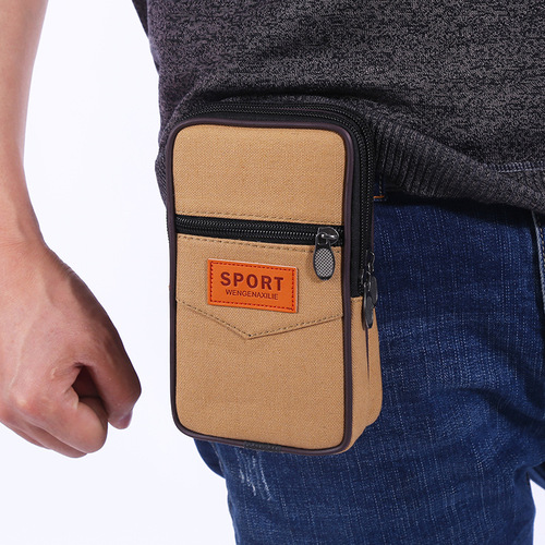 New canvas zippered belt waist bag running mobile phone waist bag construction site stall cross-border men's and women's wallet mobile phone bag