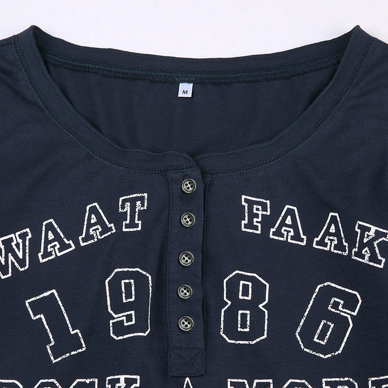 Letters Numbers Printed Long Sleeved T Shirt Women Half Breasted V Neck Pullover Base Short Top