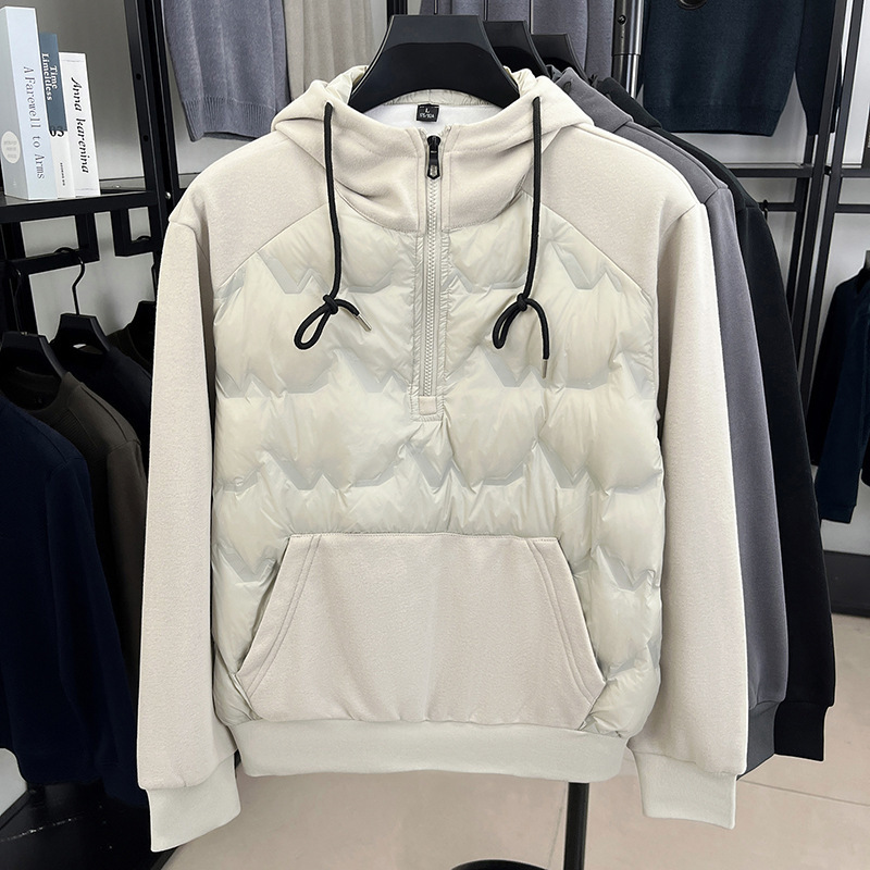 2025 New Autumn and Winter Men's Lightweight down Jacket Short Fleece-Lined Thickeneded Warm Half-Zip Hooded Jacket Top