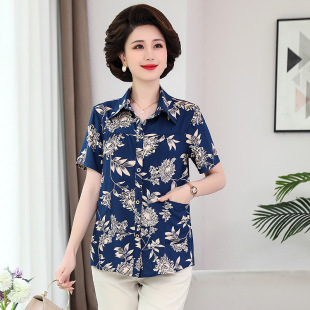 Middle-Aged and Elderly Women's Summer New Short-Sleeved Shirts, Mother's Cotton Silk Shirts, Grandma's Loose Slimming Tops