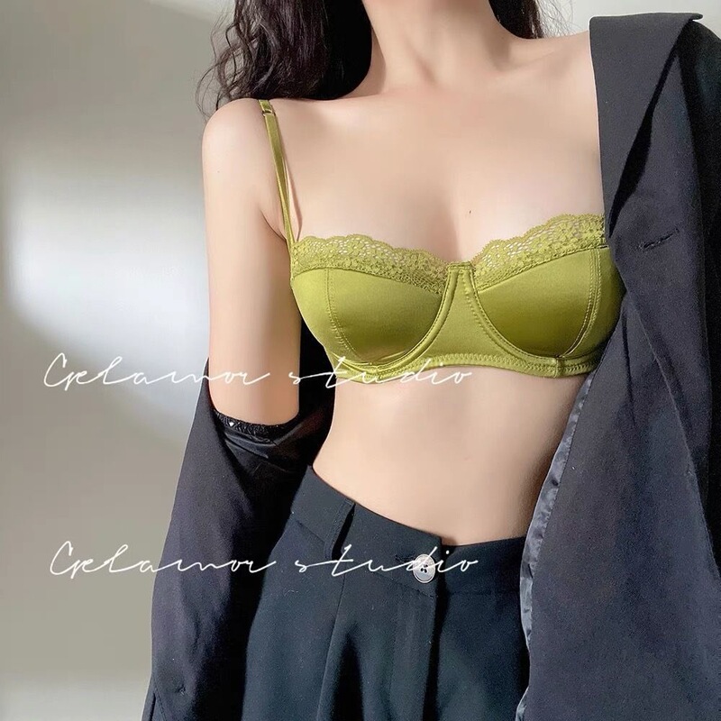 Summer French-Style Soft Underwire Bra for Women, Small Chest Push-Up Half-Cup Sexy Thin Lace Bra Set That Makes Large Breasts Appear Smaller