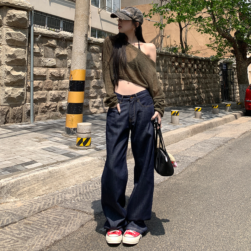 Lyocell Tencel Dark Blue Wide-Leg Jeans for Women 2026 Low-Waist Loose Slimming Drapey Straight-Leg Floor-Length Pants