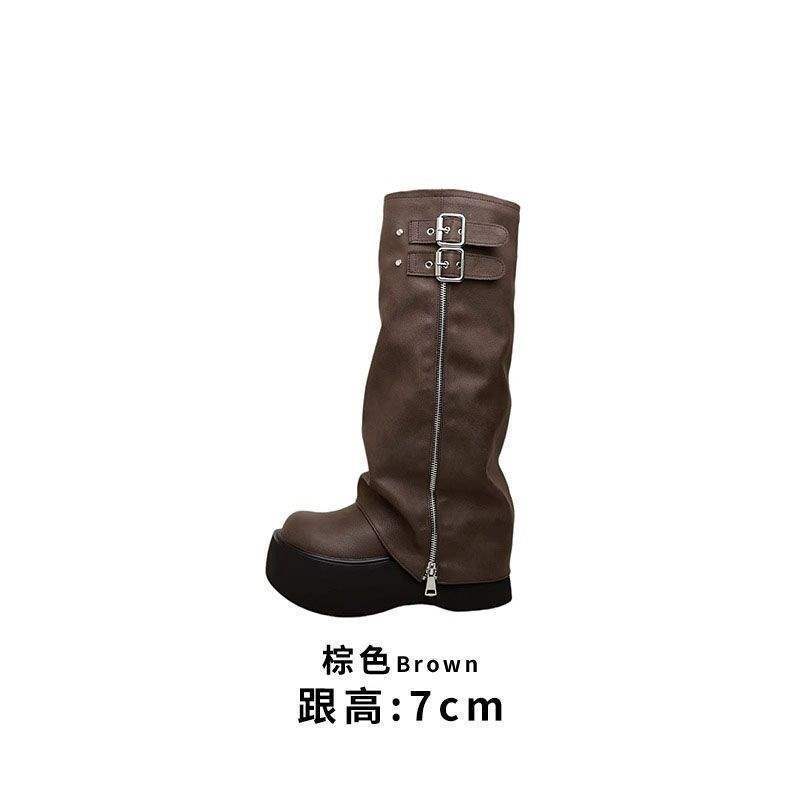 增高厚底显瘦棕色靴子女美拉德长筒靴2025新款复古西部牛仔裤管靴|undefined