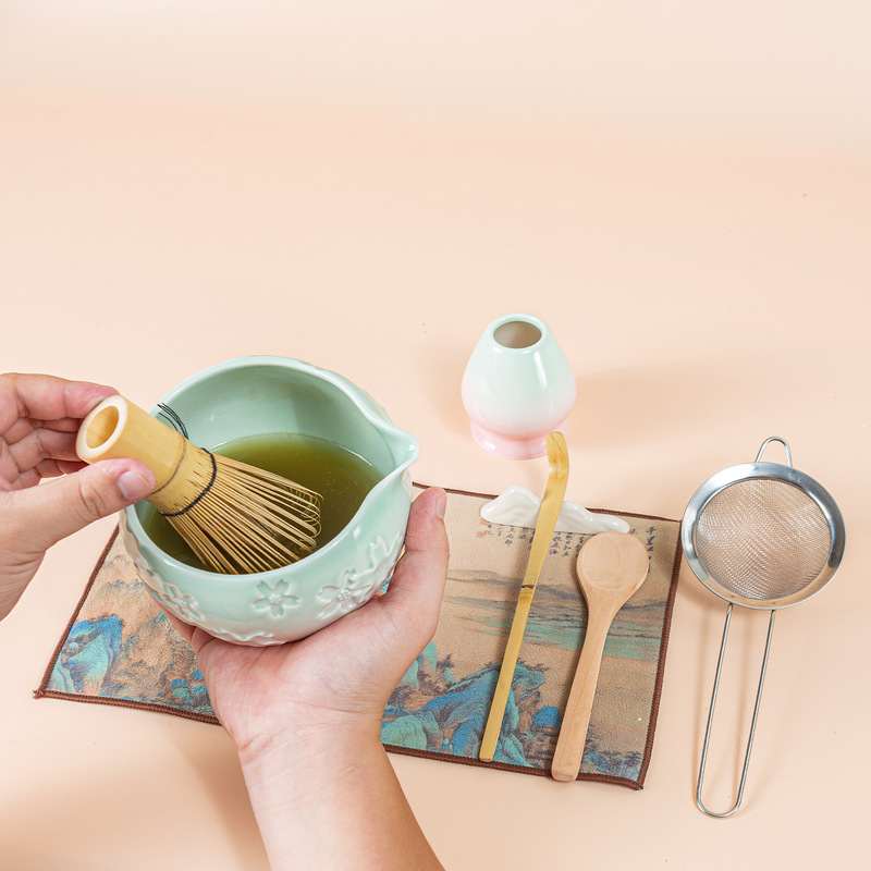 跨境日式带嘴抹茶碗抹茶套装百本立茶筅立渐变粉色抹茶套装茶拨|undefined