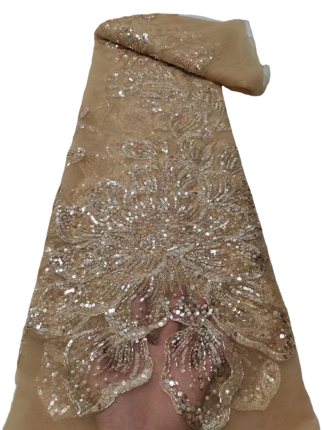 Diseño de moda europea y americana vestido de noche posicionamiento unilateral lentejuelas laminado bordado vestido largo tela de tubo de cuentas JX2423