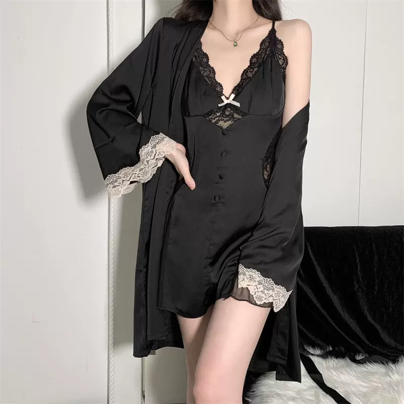 女士吊带裙春夏季性感睡裙两件套装带胸垫纯欲风镂空蕾丝睡袍睡衣