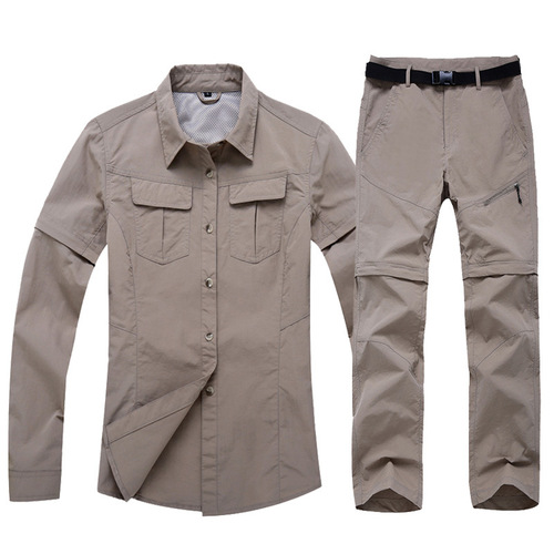 Outdoor women's quick-drying shirt long-sleeved detachable short-sleeved two-piece solid color quick-drying quick-drying pants set