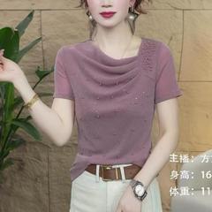 代件2025夏の新商品の洋風の山の襟の網の紗は底の小さいシャツの半袖のtシャツの女性を打ってやせている上着を現します。
