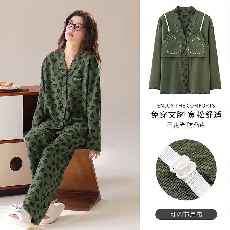 Women's long-sleeved, long-pants pajama set with built-in bra, made of pure cotton, sweet and cute style, cardigan design, plus size, can be worn as outerwear, loungewear set Women's long-sleeved, long-pants pajama set with built-in bra, made of pure cotton, sweet and cute style, cardigan design, plus size, can be worn as outerwear, loungewear set