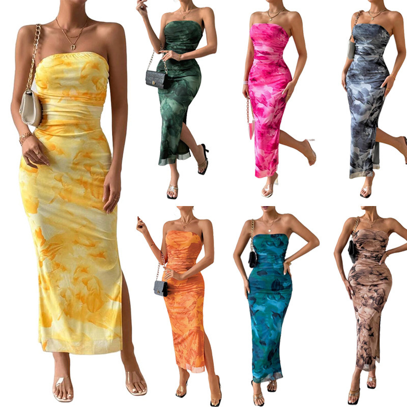 Spring and Autumn European and American Cross-Border Women's Mesh Floral Pleated Sexy Tight Slit Strapless Tube Top Long Skirt