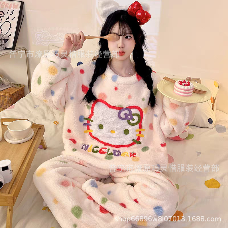 Internet-Famous Flannel Autumn and Winter Pajamas for Girls, Cute Kt Cat Cartoon, Thickened and Fleece-Lined, Sweet Coral Fleece Loungewear