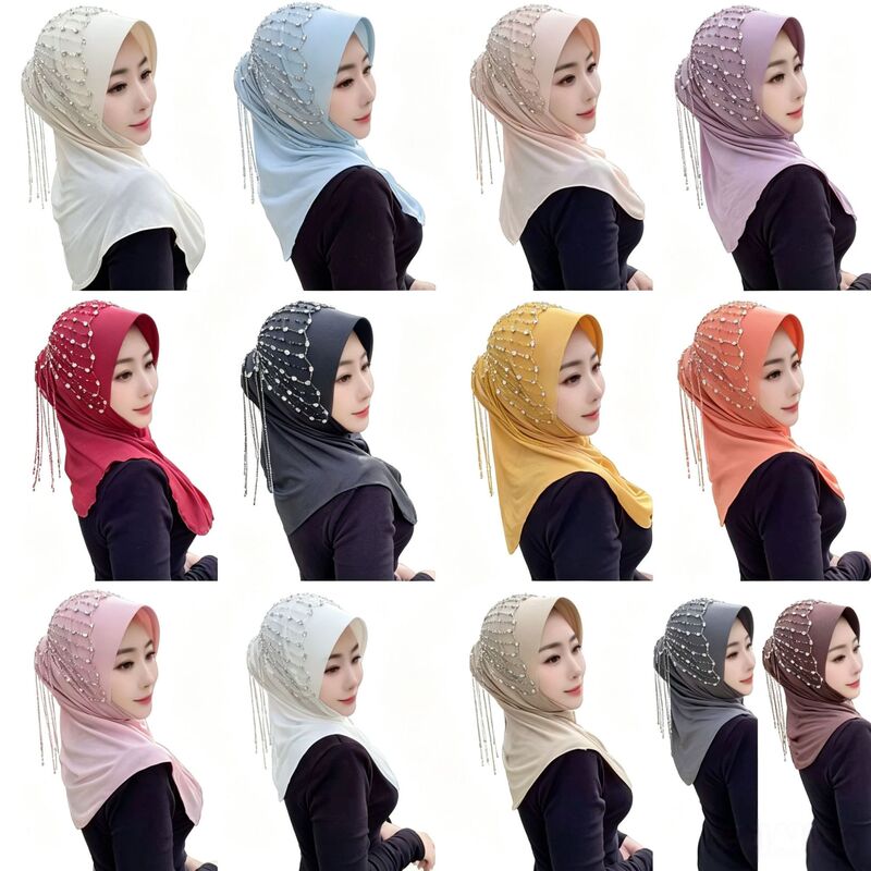 New Ethnic Hijab Hard Tassel Pullover Convenient Headscarf Hand-Sewn Fashion Gauze Scarf Tassel [Pianran]