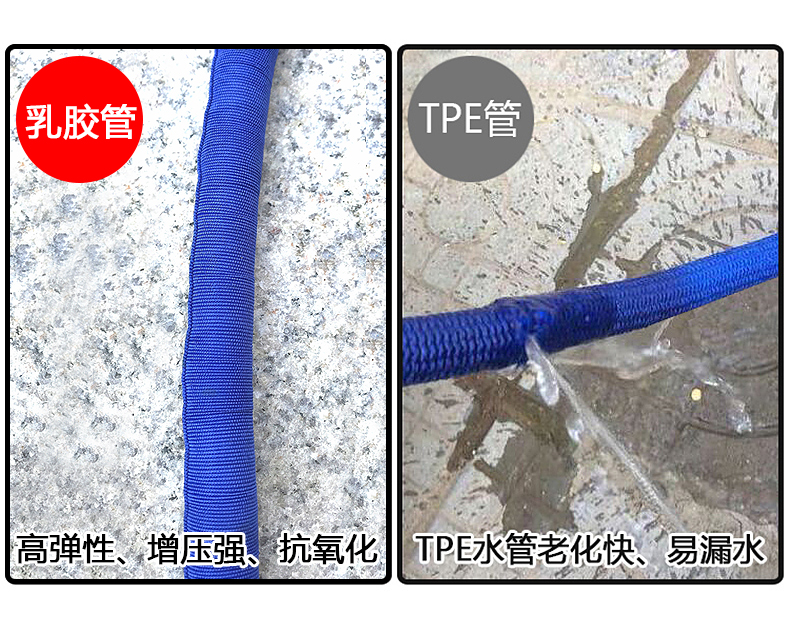 Heavy-duty, thickened latex high-pressure garden hose for watering plants, washing cars, and preventing bursting and freezing; features a retractable design and a copper quick-connect fitting