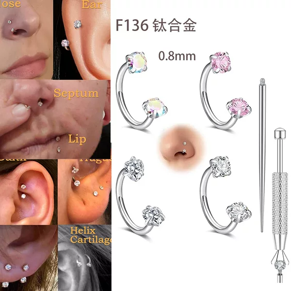 Cross-Border Hot-Selling Astm-F136 Titanium Alloy Horseshoe Ring Nose Ring C-Bar Nose Stud Lip Ring Eyebrow Ring Ear Bone Piercing Jewelry