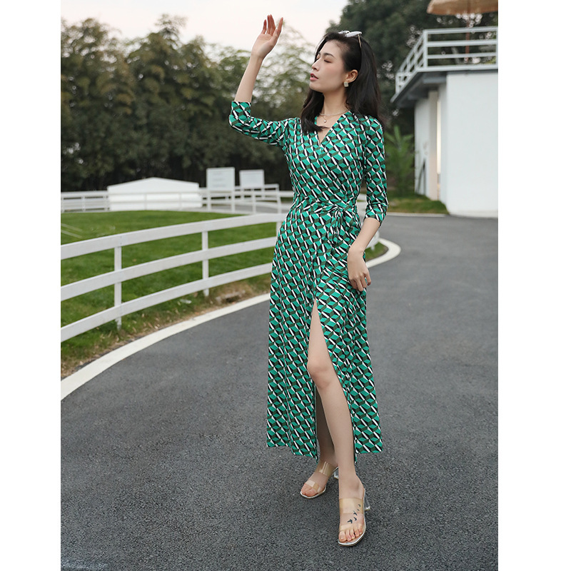 Green Plaid Printed Wrap Dress One-Piece Waist Strap Dress Women's Pg Dvf 2025 Spring and Summer New Style Green Plaid Printed Wrap Dress One-Piece Waist Strap Dress Women's Pg Dvf 2025 Spring and Summer New Style