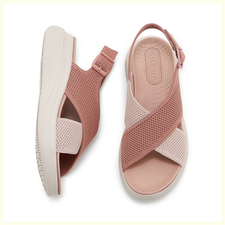 Sandal nữ quai chéo dệt kim phối dây rút, đế MD nhẹ êm — màu be, màu đen, xanh lam, màu hồng chi tiết 32