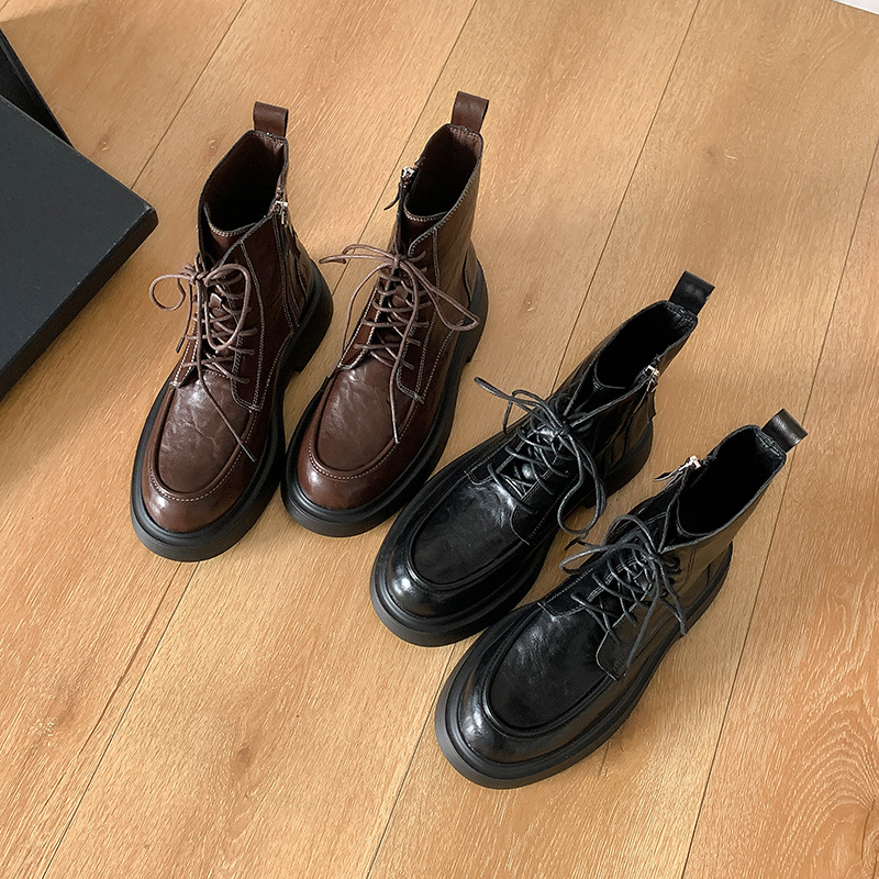 Nuevo estilo de otoño e invierno, botas Martin sicilianas con punta redonda, suela gruesa que aumenta la altura, con cordones y cremallera lateral para mujer