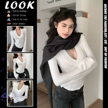 设计感内搭加绒加厚打底衫女秋冬2024新款V领长袖T恤修身保暖上衣