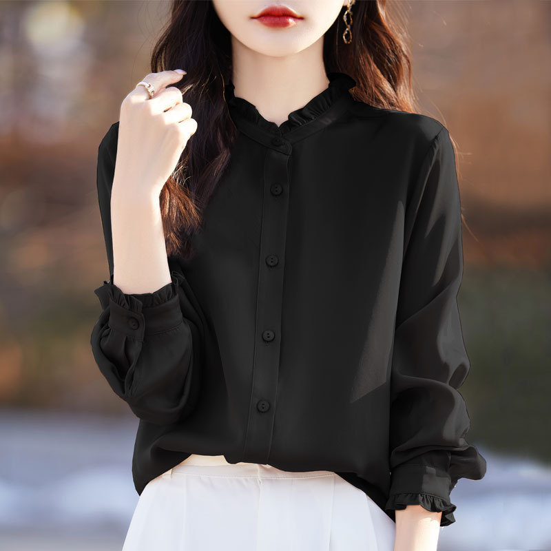 重磅真丝衬衣女2025春秋桑蚕丝时尚洋气衬衫气质立领木耳边上衣|undefined