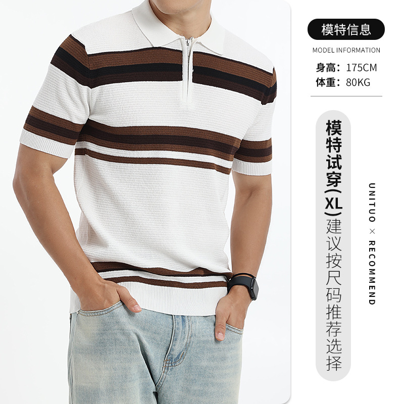Europa y Estados Unidos polo transfronterizo ligero comercial casual a rayas con solapa papá verano camisa de punto de manga corta polo hombre
