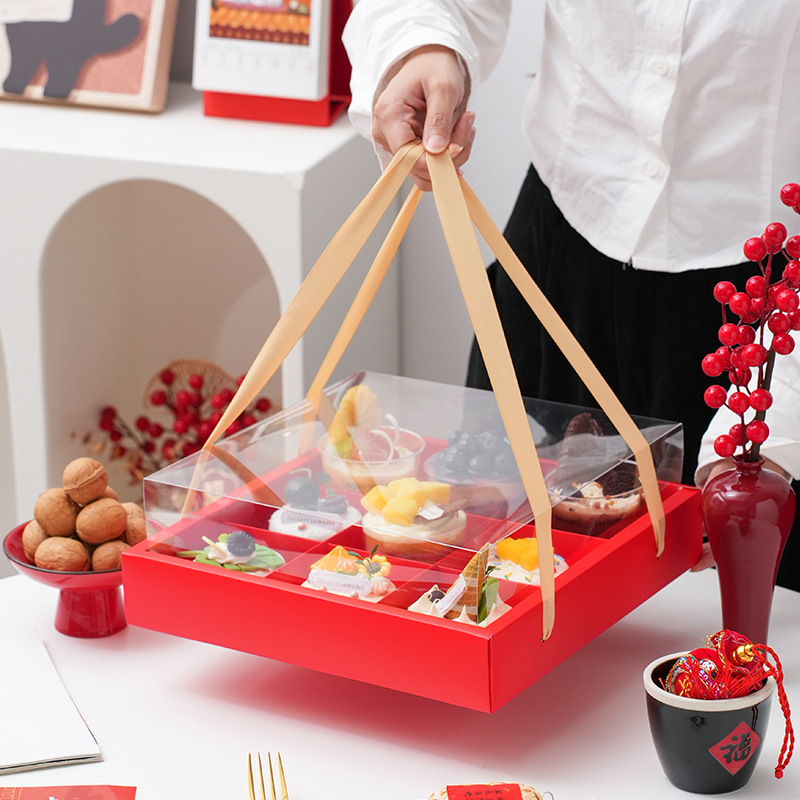 Año Nuevo rojo 9 caja de postre de pala transparente caja de embalaje de cupcake bocadillos pasteles caja de regalo de Año Nuevo alta