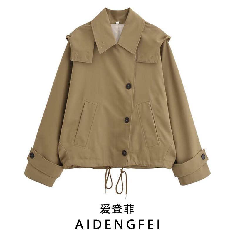 European and American Autumn New Women's Hooded Long-sleeved Casual Loose Trip Belt Windbreaker Jacket Short Coat 0155241