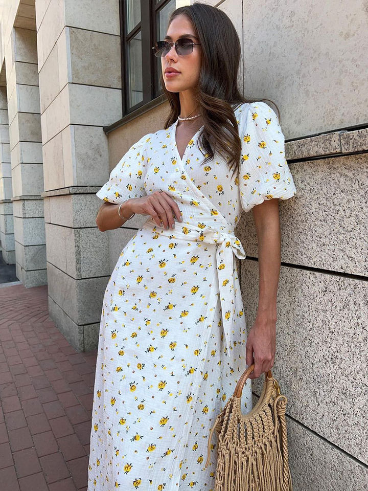 Đầm liền cotton in hoa cổ chữ V tay bồng buộc dây lưng cao — Hoa oải hương, Hoa tulip màu hồng, Màu be, Màu hồng chi tiết 138