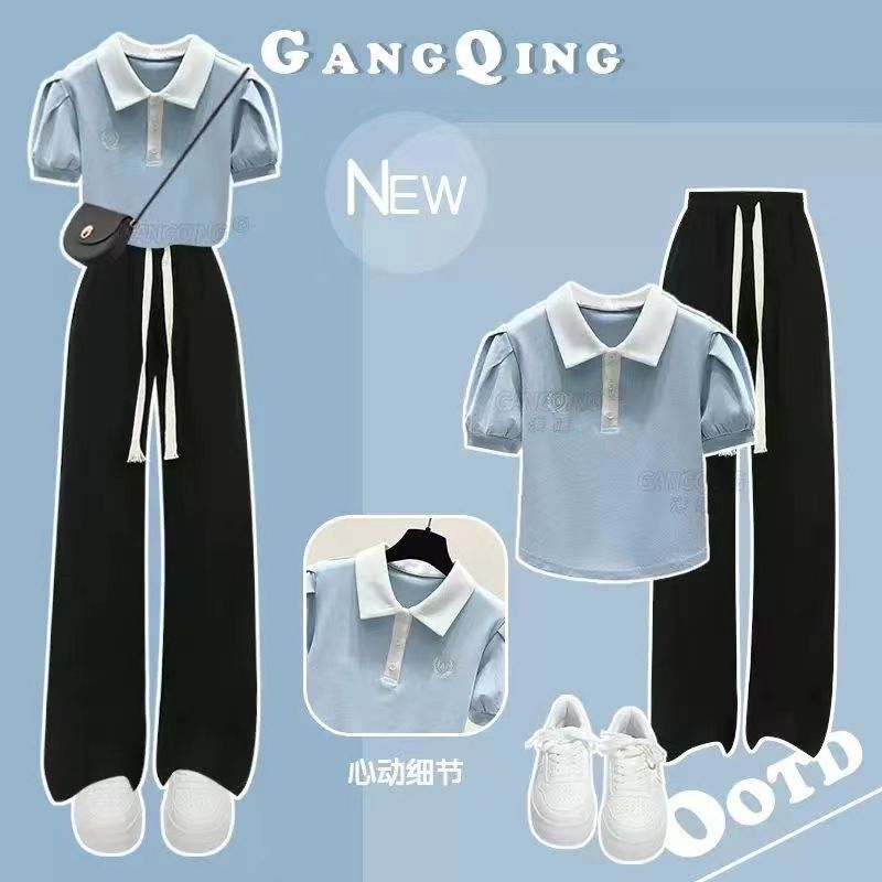 2024 New Style Girls' Summer Versatile Polo Neck Short-Sleeved Casual Pants Two-Piece Set for Medium and Large Children, Preppy Style
