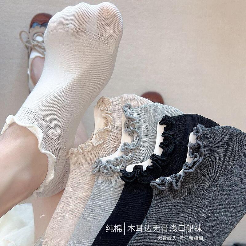 Pure Cotton Ruffled Edge Seamless Boat Socks for Women, Spring and Summer Low-Cut Non-Slip Versatile Short Socks, Trendy Korean Style Lace Socks Pure Cotton Ruffled Edge Seamless Boat Socks for Women, Spring and Summer Low-Cut Non-Slip Versatile Short Socks, Trendy Korean Style Lace Socks