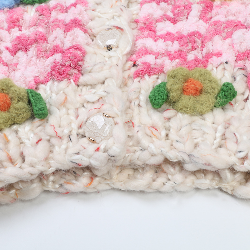 Women's Clothing retro sweater autumn and winter new women's clothing colorful handmade flowers long sleeve loose lazy knitted cardigan top_voghion.com