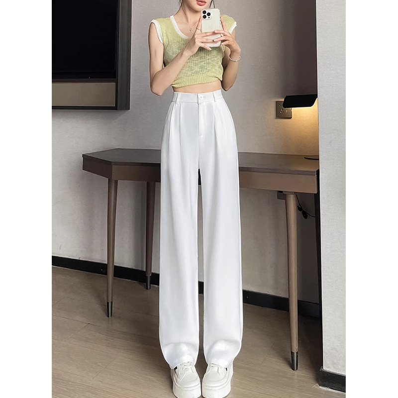Pantalones de trajes blancos de primavera y otoño de mujer 2024 nuevo hombre pequeño cintura alta sensación de colgaje de tope de piso recto pantalones largos casuales de piernas anchas