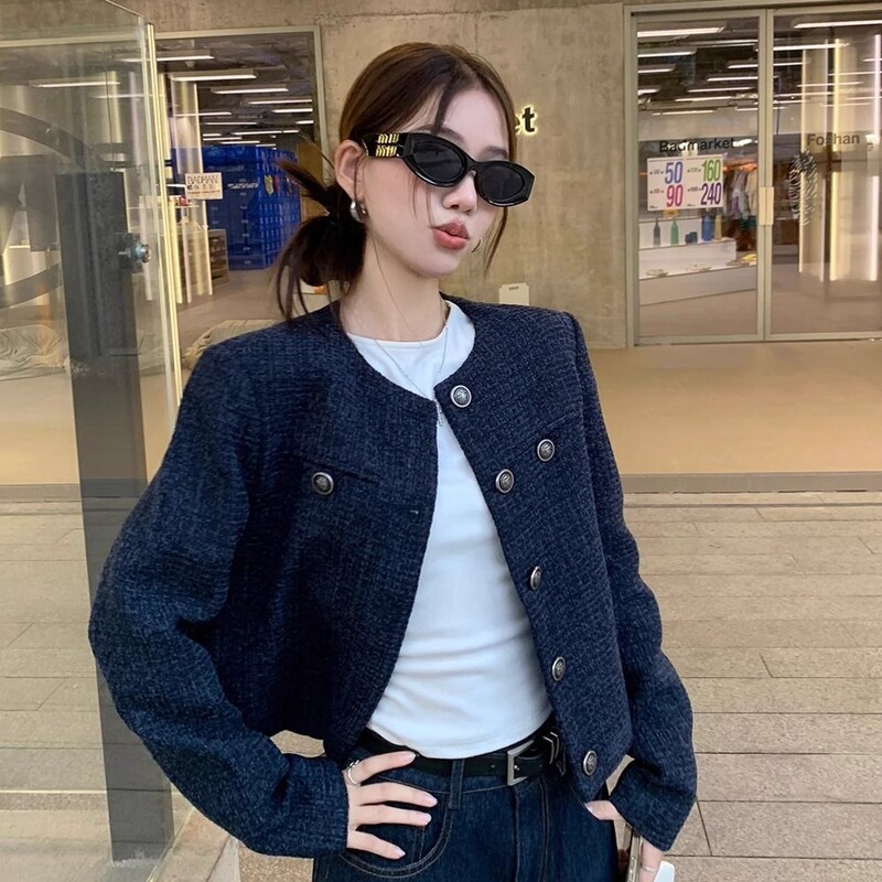 新品亚马逊欧美小香风外套女春秋款复古休闲短款小众气质韩系上衣|undefined