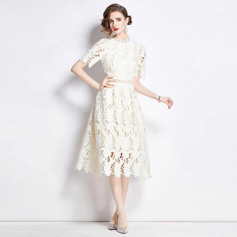 Fashionable Accessible Luxury Ladylike Short-Sleeved Round Neck Waist Slimming Look Mid-Length A-Line Cut Out Water-Soluble Lace Dress