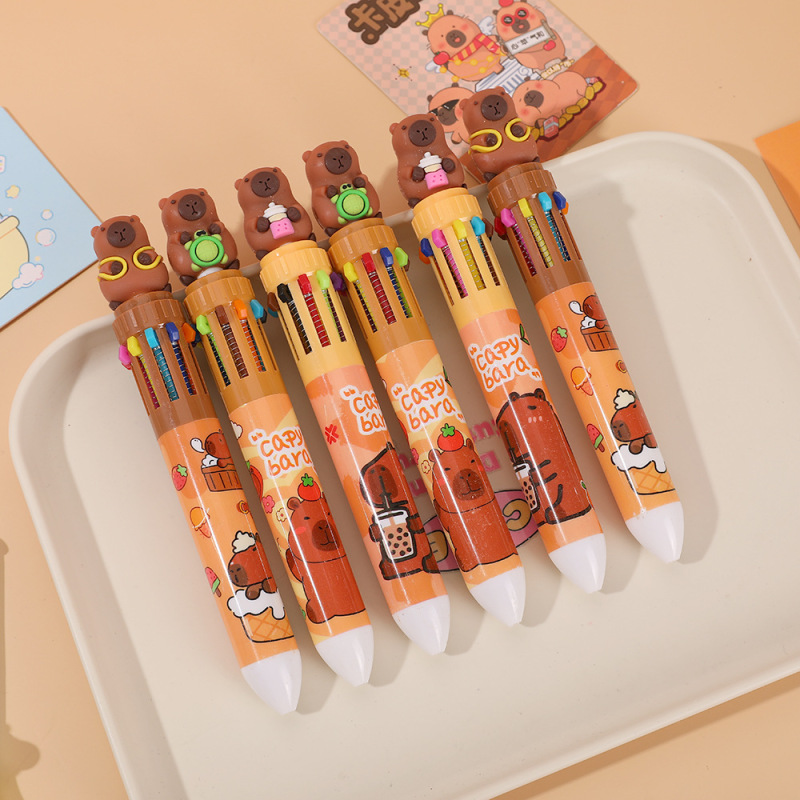 カピバラ十色ボールペン 可愛い多色プッシュペン 学生用多機能高颜值手帳ペン オフィスペン|undefined
