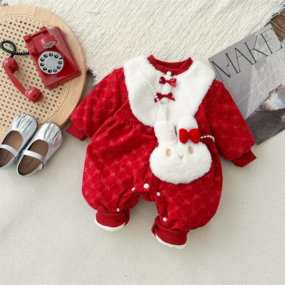 Ropa de invierno para bebé, bowknot, bolso de conejo rojo, mono, estilo chino, ropa de año nuevo, ropa de bebé de un año