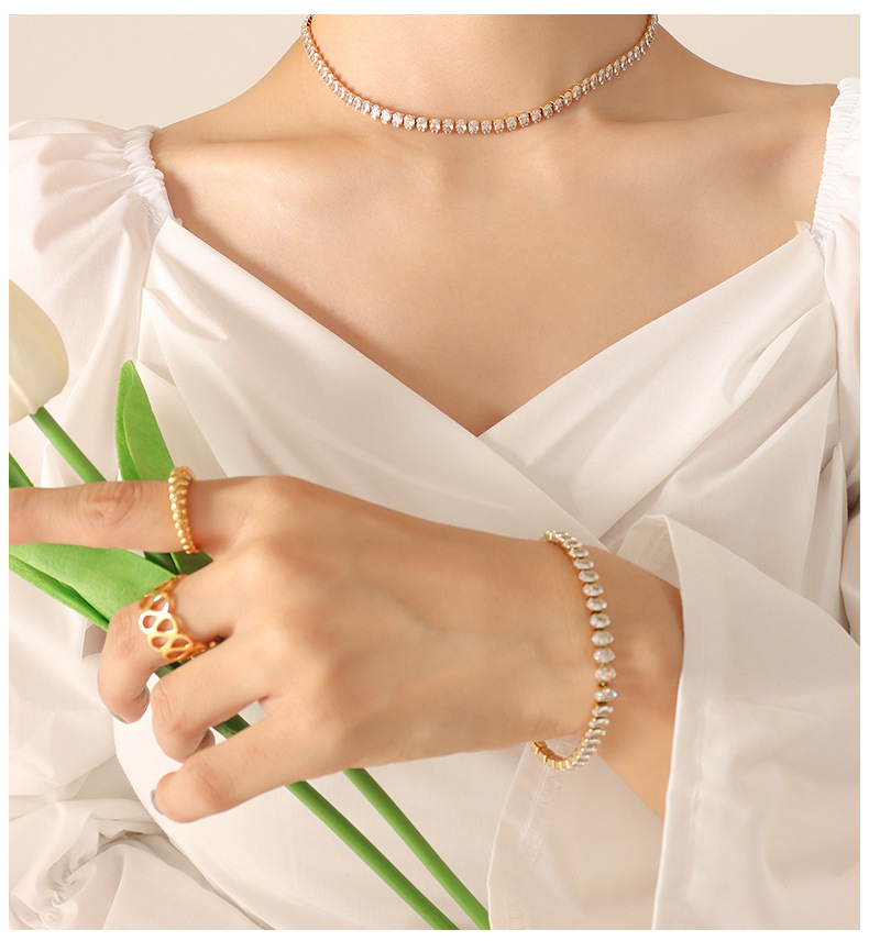 Fashion Retro Titanium Steel 18K Bracelet Necklace Geometric Color Zircon Ornament Set